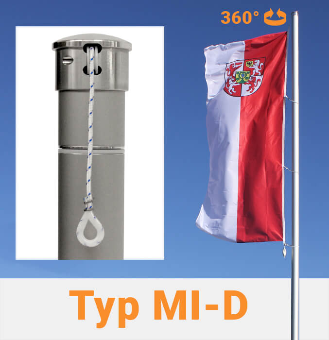 Fahnenmast -MI-D- aus Aluminium | Ø 75 mm | 360° drehbarer Kopfkappe, Hiss-Seil innenliegend