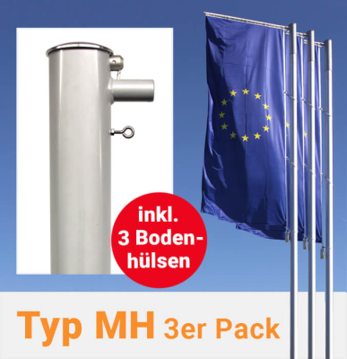 3er Pack Fahnenmasten Ø 75 mm mit hissbarem Drehkopfsystem